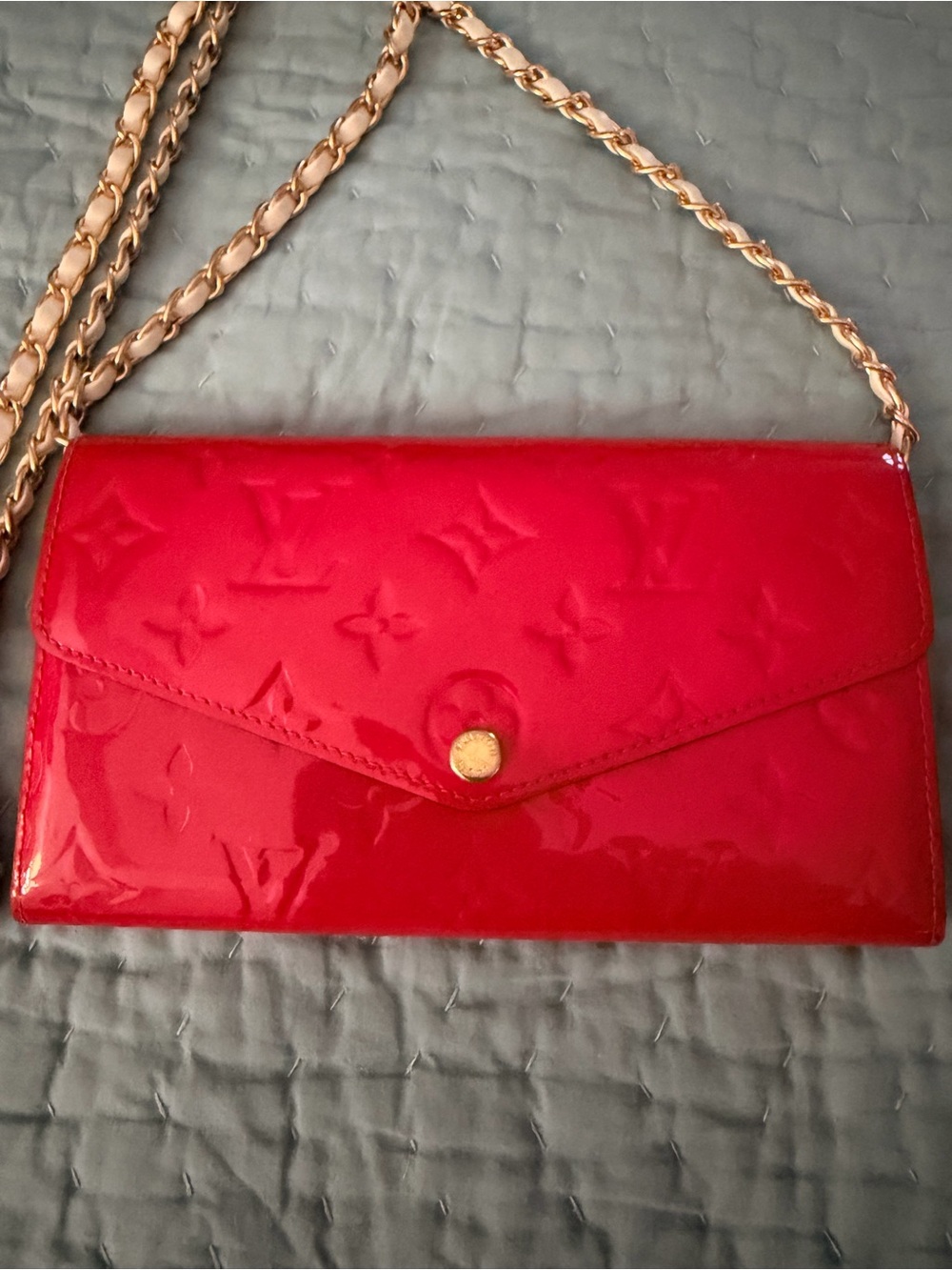 Louis Vuitton Red Patent Monogram Envelope Crossbody with Gold Chain